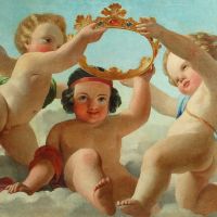 Incoronazione con putti, parziale di scenografia, olio su tela, inizio XX sec.